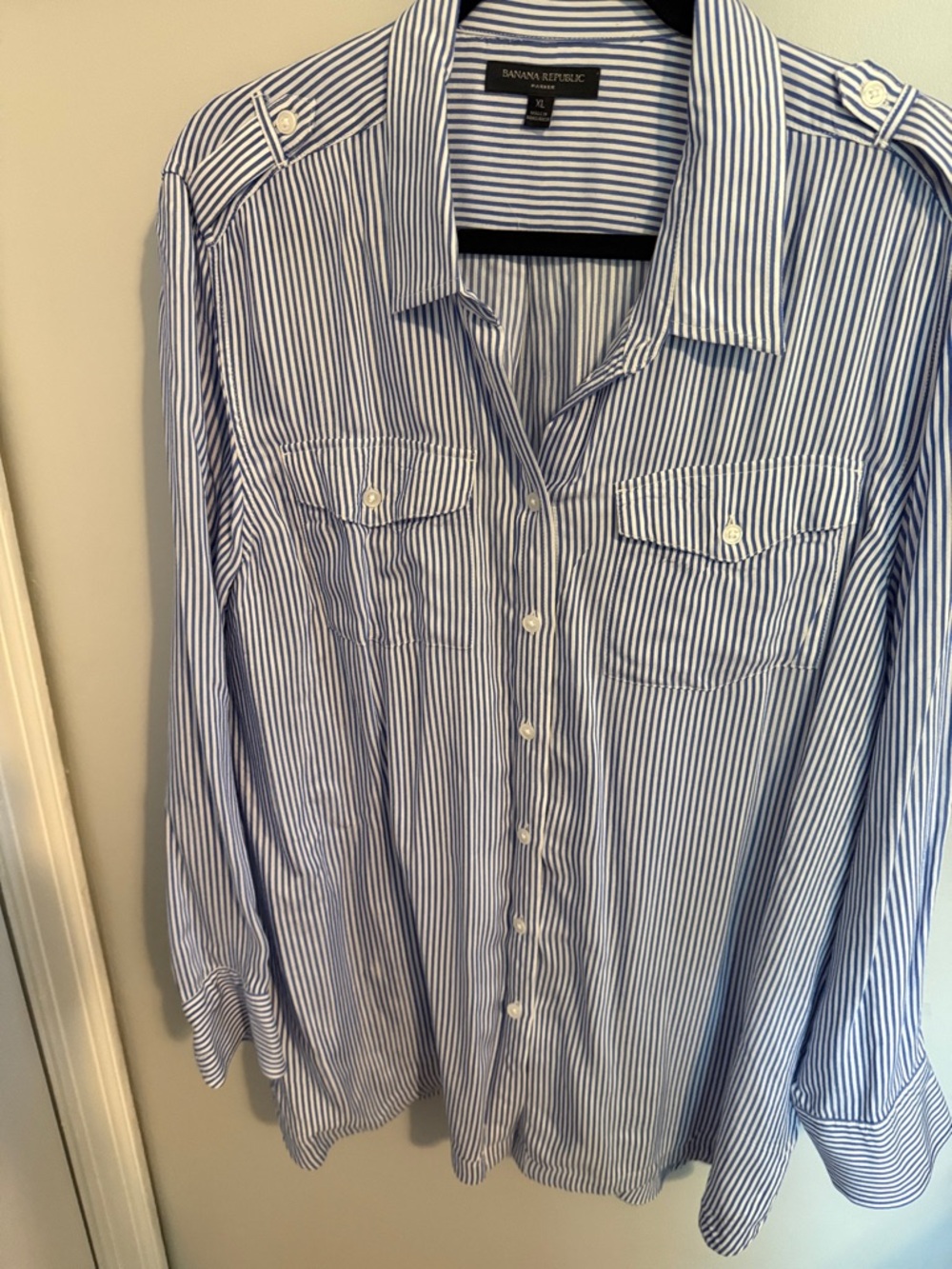Banana Republic Navy and White Striped Button-Front Shirt